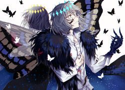  1boy absurdres arthropod_boy blue_cape blue_eyes bug butterfly butterfly_wings cape crown diamond_hairband empty_(empty029) fate/grand_order fate_(series) fur-trimmed_cape fur_trim highres insect_wings long_sleeves male_focus medium_hair oberon_(fate) oberon_(third_ascension)_(fate) shirt short_hair smile solo spoilers white_background white_hair white_shirt wings 