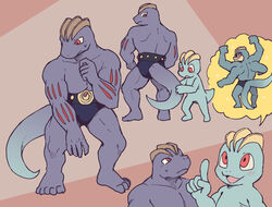  anthro clothing dark_ishihara evolutionary_family generation_1_pokemon group kemono machamp machoke machop male multi_arm multi_limb multi_tail muscular muscular_anthro muscular_male nintendo pecs pokemon pokemon_(species) scalie speedo swimwear tail 