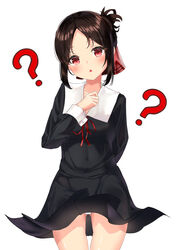  ? absurdres arm_behind_back bad_id bad_pixiv_id black_dress blush chestnut_mouth commentary covered_navel cowboy_shot dress female folded_ponytail hair_ribbon hand_on_own_chest head_tilt highres hiruno_ushiro kaguya-sama_wa_kokurasetai_~tensai-tachi_no_renai_zunousen~ long_sleeves open_mouth panties pantyshot parted_bangs red_eyes red_ribbon ribbon school_uniform shinomiya_kaguya short_hair shuuchiin_academy_school_uniform sidelocks simple_background solo standing underwear upskirt white_background white_panties 