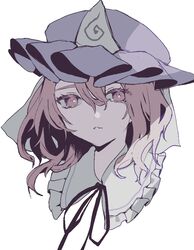  bad_id bad_twitter_id black_ribbon bright_pupils dot_nose female hair_between_eyes hat looking_at_viewer medium_hair migihidari_(puwako) neck_ribbon parted_lips pink_eyes pink_hair portrait purple_hat ribbon saigyouji_yuyuko simple_background solo touhou triangular_headpiece white_background white_pupils 