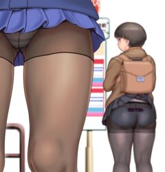  backpack bag black_skirt blue_skirt blurry blurry_background blush brown_hair bus_stop_sign clothes_lift commentary_request feet_out_of_frame from_behind highres long_sleeves original orizen out_of_frame panties panties_under_pantyhose pantyhose pleated_skirt print_panties short_hair simple_background skirt skirt_caught_on_object skirt_lift thick_thighs thighhighs thighhighs_under_pantyhose thighs underwear white_background 