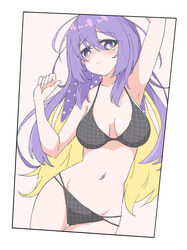  absurdres arm_up armpits bikini black_bikini blonde_hair breasts colored_inner_hair commentary_request female groin highres hololive hololive_indonesia large_breasts long_hair midoku_(itijikusakura) moona_hoshinova multicolored_hair navel purple_eyes purple_hair solo star_(symbol) starry_hair swimsuit tears two-tone_hair virtual_youtuber 