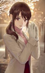  :d blurry blurry_background blush brown_eyes brown_hair coat earrings female fingers_together gloves highres idolmaster idolmaster_cinderella_girls jewelry kouzuki_kei low_tied_hair mifune_miyu necklace open_clothes open_coat open_mouth outdoors own_hands_together palms_together pink_sweater red_skirt skirt smile solo sweater turtleneck turtleneck_sweater white_coat white_gloves 