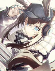  adjusting_clothes adjusting_headwear amiya_(arknights) amiya_(newsgirl)_(arknights) animal_ears arknights arm_up ascot backlighting baseball_cap black_jacket blue_eyes brown_hair commentary_request female hair_between_eyes hat headphones highres holding holding_newspaper jacket jewelry long_hair looking_at_viewer multiple_rings newspaper official_alternate_costume portrait rabbit_ears ring solo thumb_ring twitter_username yo-ba_yo 