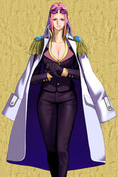  absurdres adjusting_clothes adjusting_gloves black_gloves black_jacket black_pants breasts buttoned_cuffs buttons cigarette cleavage closed_mouth coat collar collarbone collared_coat collared_jacket epaulettes eyewear_on_head female formal gloves high_collar highres hina_(one_piece) jacket jacket_on_shoulders large_breasts long_hair long_sleeves looking_at_viewer marine_uniform_(one_piece) moruga one_piece pants parted_bangs pink_hair sleeve_cuffs smoking solo standing suit sunglasses white_coat 