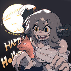  :d axe axehorn_(ssambatea) bare_shoulders breasts dated english_text female fingernails full_moon grey_hair hair_between_eyes halloween halloween_costume happy_halloween highres horns large_breasts medium_hair moon mummy_costume open_mouth original pointy_ears saliva sarashi sharp_fingernails sharp_teeth signature smile solo ssambatea stitched_arm stitched_face stitches teeth upper_body wolf yellow_eyes 