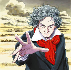  1boy animification bad_link brown_eyes cloud fingernails grasslands grey_hair highres looking_at_viewer ludwig_van_beethoven male_focus outdoors outstretched_hand reaching reaching_towards_viewer real_life scarf solo upper_body urasawa_naoki 