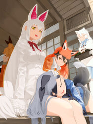  5girls animal_ear_fluff animal_ears arctic_fox_(kemono_friends) bow bowtie commentary don3 extra_ears ezo_red_fox_(kemono_friends) fox_ears fox_girl fox_tail grey_hair highres jacket kemono_friends lap_pillow long_hair long_sleeves lying multicolored_hair multiple_girls oinari-sama_(kemono_friends) on_side red_fox_(kemono_friends) red_hair sidelocks silver_fox_(kemono_friends) sitting skirt sleeping smile tail two-tone_hair very_long_hair white_hair yellow_eyes 