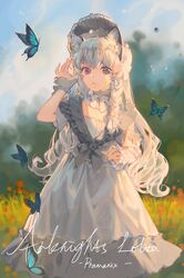  absurdres aged_down animal_ear_fluff animal_ears arknights artist_name bad_id bad_twitter_id blue_butterfly bonnet braid breasts bug butterfly ciloranko circlet commentary copyright_name cowboy_shot cursive day dress english_text expressionless female frilled_dress frilled_sleeves frills grass grey_eyes grey_headwear highres leopard_ears lolita_fashion long_hair looking_at_viewer outdoors parted_lips pramanix_(arknights) side_braids single_sleeve small_breasts solo twin_braids victorian white_dress white_hair wrist_cuffs 