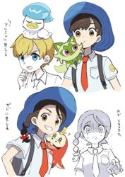  1boy ? absurdres blonde_hair blue_eyes blue_headwear braid brown_eyes brown_hair collared_shirt commentary_request eyelashes female florian_(pokemon) fuecoco grin hat highres juliana_(pokemon) looking_at_viewer mikanbako_(aitatadon3) naranja_academy_school_uniform necktie orange_necktie pokemon pokemon_(creature) pokemon_sv quaxly school_uniform shirt short_hair short_sleeves single_braid smile sprigatito strap teeth translation_request white_background 