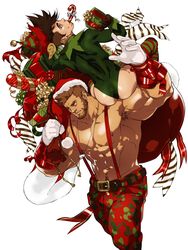  2boys abs arm_up armpit_hair bara beard biceps body_hair bodysuit box brown_eyes bulge camouflage camouflage_pants candy candy_cane cayden_(dizdoodz) chest_hair christmas dizdoodz earrings facial_hair feet_out_of_frame food gift gift_bag gift_box gloves green_bodysuit hat highres jewelry large_pectorals light_brown_hair looking_to_the_side male_focus mature_male multiple_boys muscular muscular_male navel nipples on_shoulder original over_shoulder pants pectorals red_pants santa_costume santa_hat short_hair stomach suspenders textless_version thick_thighs thighs topless_male white_background white_gloves 