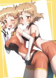  2girls bike_shorts blonde_hair blush bodysuit breasts dual_persona elbow_gloves gloves highres large_breasts messy_hair multiple_girls one_eye_closed open_mouth orange_eyes pout pouty_lips senki_zesshou_symphogear senki_zesshou_symphogear_xd_unlimited smile tachibana_hibiki_(symphogear) tachibana_hibiki_(symphogear)_(another) v white_gloves yukitsuba_hina 