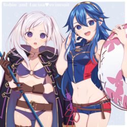  2girls bikini blue_eyes blue_hair blush breasts brown_eyes cape cleavage crop_top fingerless_gloves fire_emblem fire_emblem_awakening fire_emblem_cipher fire_emblem_heroes gloves grey_background hair_between_eyes hood long_hair looking_at_viewer lucina_(fire_emblem) midriff miri_(cherryjelly) multiple_girls navel open_mouth polearm robe robin_(female)_(fire_emblem) robin_(female)_(summer)_(fire_emblem) robin_(fire_emblem) short_shorts shorts simple_background smile spear super_smash_bros. swimsuit tiara twintails weapon white_hair 