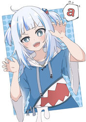  a_(phrase) absurdres animal_hood blue_hair claw_pose commentary_request female gawr_gura gawr_gura_(1st_costume) grey_eyes grey_hair hair_ornament highres hololive hololive_english hood hoodie midoku_(itijikusakura) multicolored_hair polka_dot polka_dot_background raised_eyebrow shark_hair_ornament shark_hood sharp_teeth solo spoken_letter streaked_hair teeth two-tone_hair two_side_up upper_body virtual_youtuber 