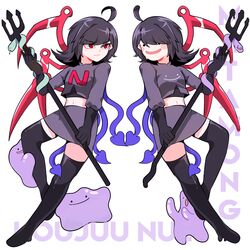  2girls ahoge alternate_costume asymmetrical_wings black_dress black_gloves black_legwear crop_top ditto doppelganger dress gloves highres houjuu_nue look-alike looking_at_another mindoll miniskirt multiple_girls navel pokemon pokemon_(creature) polearm red_eyes simple_background skirt smile snake sweatdrop team_rocket team_rocket_uniform thighhighs touhou trident weapon white_background wings 