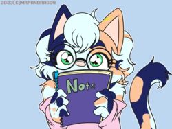  4:3 absurd_res calico_cat clothed clothing disability domestic_cat eyewear felid feline felis female glasses hi_res looking_at_viewer mammal mrpandragon mute notebook sanura simple_background solo 