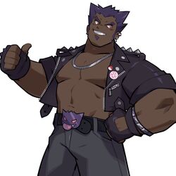  1boy bara bare_pectorals clefairy commentary cropped_jacket dark-skinned_male dark_skin dizdoodz ear_piercing english_commentary facial_hair fingerless_gloves gengar gloves goatee grey_pants highres jacket jewelry large_pectorals male_focus muscular muscular_male necklace nipples open_clothes open_jacket pants pectorals personification piercing pink_eyes pokemon short_hair short_sleeves sideburns smile solo spiked_hair stomach teeth thumbs_up very_dark_skin zipper 