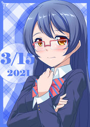  absurdres bespectacled birthday blue_background blue_border blue_hair blue_jacket blush border breasts bunji buttons collared_shirt commentary dated drop_shadow embarrassed female glasses highres jacket light_blue_hair long_hair looking_at_viewer love_live! love_live!_school_idol_project otonokizaka_school_uniform outside_border over-rim_eyewear pink-framed_eyewear plaid plaid_background rectangular_eyewear school_uniform semi-rimless_eyewear shirt signature small_breasts sonoda_umi sweat upper_body white_background white_shirt yellow_eyes 