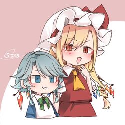  2girls apron ascot bad_id bad_twitter_id blonde_hair blue_eyes blue_shirt bow bowtie braid commentary_request cropped_torso crystal flandre_scarlet green_bow green_bowtie grey_hair grin hand_up hat hat_ribbon izayoi_sakuya long_hair mob_cap multiple_girls one_side_up open_mouth orange_ascot pink_background pointy_ears red_eyes red_ribbon red_skirt red_vest ribbon shirt short_sleeves signature skirt smile souta_(karasu_no_ouchi) touhou twin_braids upper_body vest white_background white_headwear white_shirt wings 