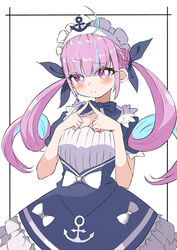  absurdres ahoge anchor_symbol aqua_hair aqua_nails bow breasts cleavage colored_inner_hair commentary drill_hair eyes_visible_through_hair female fingers_together highres hololive long_hair maid_headdress medium_breasts midoku_(itijikusakura) minato_aqua minato_aqua_(1st_costume) multicolored_hair pink_eyes pink_hair raised_eyebrow solo twin_drills two-tone_hair virtual_youtuber white_bow 