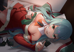  aqua_eyes aqua_hair ascot awa_yume black_footwear black_thighhighs boots bow bowtie breasts christmas condom condom_wrapper detached_sleeves dress female green_hair hair_ornament hairclip kantai_collection large_breasts long_hair lying on_back red_dress santa_costume short_dress sleeveless sleeveless_dress smile solo suzuya_(kancolle) thigh_boots thighhighs 