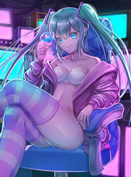  alternate_costume aqua_eyes aqua_hair bandeau bare_shoulders breasts commentary crossed_legs cup drinking_glass ebinomi feet_out_of_frame female hair_between_eyes hair_ornament hand_up hatsune_miku head_tilt highres holding holding_cup jacket long_hair long_sleeves looking_at_viewer midriff navel off_shoulder open_clothes open_jacket panties purple_jacket purple_thighhighs sidelocks sitting small_breasts smile solo stomach strapless striped_clothes striped_thighhighs swivel_chair thighhighs thighs tube_top twintails underwear vocaloid white_panties wine_glass 