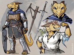  anthro armor blue_eyes cloak clothing dragonborn_(dnd) dungeons_and_dragons fantasy female flexing grin group hasbro headshot_portrait horn kobold melee_weapon multiple_poses muscular muscular_female portrait pose scabbard shield smile solo_focus sword tamlin123 weapon wizards_of_the_coast zeal_(vonboomslang) 