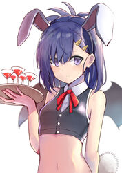  absurdres alcohol animal_ears blue_hair blush breasts closed_mouth crop_top cup demon_girl demon_wings drinking_glass eyebrows fake_animal_ears fake_tail female gabriel_dropout hair_ornament hairclip highres holding holding_tray looking_at_viewer navel purple_eyes rabbit_ears rabbit_tail red_ribbon ribbon short_hair small_breasts smile solo tail tenma-gav tray upper_body vignette_tsukinose_april wine wine_glass wings 