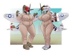  2022 absurd_res aircraft aircraft_humanoid anthro belly big_belly big_breasts blue_eyes breasts brown_clothing charlotte_(panzerschreckleopard) clothing colored container cup duo female flight_suit gesture giggling glistening glistening_body green_body hand_on_mouth hi_res huge_breasts laugh living_aircraft living_machine living_vehicle machine ndragon3 overweight overweight_female p-47 p-47_thunderbolt pauline_(ndragon3) sharp_teeth slightly_chubby slightly_chubby_female straw_(disambiguation) talking_to_another teeth vehicle wide_hips wings world_war_2 