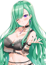  black_collar black_nails blush bracelet breast_hold breasts bustier cleavage collar collarbone commentary earrings female fishnets green_hair hair_behind_ear jewelry kosuke_(bb) large_breasts long_hair looking_at_viewer mole mole_on_breast nail_polish navel one_eye_closed pendant puckered_lips purple_eyes see-through see-through_sleeves simple_background smile solo stomach swept_bangs upper_body virtual_youtuber vspo! wavy_hair white_background yakumo_beni yakumo_beni_(1st_costume) 