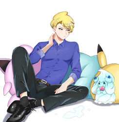  1boy absurdres alcremie alcremie_(berry_sweet) alternate_costume bad_id bad_twitter_id belt black_footwear black_pants blonde_hair brown_belt buttons character_doll closed_mouth collared_shirt commentary_request hand_up highres jigglypuff looking_to_the_side male_focus okuro_zmzm pants pikachu pokemon pokemon_(creature) pokemon_xy purple_shirt ribbed_legwear shirt shoes short_hair siebold_(pokemon) socks spread_legs sweatdrop white_background 