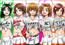  5girls anchor_ornament baseball_jersey belt black_belt breasts brown_eyes brown_hair character_name chiba_lotte_marines closed_eyes closed_mouth column_lineup fukuoka_softbank_hawks futari_wa_precure futari_wa_precure_splash_star green_eyes grin hair_ornament hairclip hand_on_own_hip hanshin_tigers highres hino_akane_(smile_precure!) hiroshima_touyou_carp hyuuga_saki in-franchise_crossover jersey looking_at_viewer medium_breasts medium_hair midorikawa_nao midriff miniskirt misumi_nagisa multiple_girls natsuki_rin navel nippon_professional_baseball open_mouth parted_bangs pleated_skirt precure red_eyes red_hair satou_yasu shirt short_hair short_sleeves skirt smile smile_precure standing star_(symbol) star_hair_ornament swept_bangs text_background tied_shirt white_shirt white_skirt wristband yes!_precure_5 yomiuri_giants 