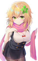  absurdres aged_up black_skirt blonde_hair blush breasts cleavage cleavage_cutout closed_mouth clothing_cutout female gabriel_dropout green_eyes highres large_breasts looking_at_viewer pantyhose pink_scarf scarf short_sleeves skirt smile solo tapris_chisaki_sugarbell tenma-gav 