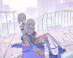  2girls absurdres bad_id bad_pixiv_id black_footwear black_gloves blue_hair blunt_bangs boots building closed_mouth collared_shirt day dot_nose dress enaga_(towa_tsugai) fanny_pack fingerless_gloves glass_shards gloves grey_dress grey_eyes highres hug hug_from_behind kenharu long_hair long_sleeves looking_at_another looking_back lying mary_janes multicolored_hair multiple_girls on_back outdoors railing scenery shirt shoes short_hair siblings single_sock single_thighhigh sitting socks streaked_hair suzume_(towa_tsugai) thighhighs thighlet towa_tsugai twins wariza white_hair white_shirt white_socks 