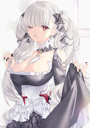  akapug621 azur_lane bare_shoulders between_breasts black_dress black_nails black_ribbon breasts cleavage clothing_cutout detached_collar dress earrings female formidable_(azur_lane) frilled_dress frills hair_ribbon jewelry large_breasts long_hair looking_at_viewer nail_polish one_eye_closed platinum_blonde_hair red_eyes ribbon shoulder_cutout skirt_hold solo twintails two-tone_dress two-tone_ribbon very_long_hair white_dress white_ribbon 