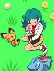  :o bike_shorts closed_eyes commentary day female flower grass green_hair hand_up jacket kris_(pokemon) long_hair long_sleeves open_clothes open_jacket open_mouth outdoors pichu pokemon pokemon_(creature) pokemon_gsc red_shirt rock shirt shoes sleepy symbol-only_commentary totodile tyako_089 white_jacket yellow_flower 