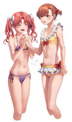  2girls :3 absurdres alternate_hairstyle artist_name bad_id bad_pixiv_id bare_shoulders bikini blush bow bow_bikini breasts brown_eyes brown_hair closed_eyes collarbone commentary cropped_legs embarrassed frilled_bikini frills hairbow happy highres holding_hands long_hair midriff misaka_mikoto multiple_girls navel nyamunyamu open_mouth parted_lips plaid plaid_bikini purple_bikini red_bow shirai_kuroko short_hair short_twintails side-tie_bikini_bottom signature simple_background small_breasts smile swimsuit toaru_kagaku_no_railgun toaru_majutsu_no_index twintails unhappy white_background white_bow yellow_bikini 