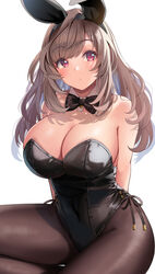  animal_ears bare_shoulders black_bow black_bowtie bow bowtie breasts brown_hair brown_pantyhose cleavage commentary_request detached_collar eyes_visible_through_hair fake_animal_ears female highres idolmaster idolmaster_shiny_colors koukoku large_breasts leotard long_hair looking_at_viewer pantyhose playboy_bunny rabbit_ears red_eyes sitting solo strapless strapless_leotard thighs tsukioka_kogane 