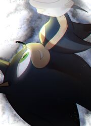  1boy animal_nose aura dark_persona dark_sonic furry furry_male gloves green_eyes grin highres jaibus male_focus simple_background smile solo sonic_(series) sonic_the_hedgehog sonic_x upside-down white_background white_gloves 