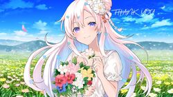  blue_flower blush commentary english_commentary female flower hair_flower hair_ornament holding holding_flower indie_virtual_youtuber kgr lyrica_(vtuber) mountain outdoors pink_flower purple_eyes red_flower second-party_source shirt sky solo thank_you virtual_youtuber white_shirt 