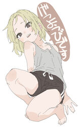  absurdres barefoot black_shorts blonde_hair brown_eyes collarbone commentary female grey_tank_top highres looking_at_viewer monday open_mouth original short_hair shorts simple_background solo speech_bubble tank_top teeth toes translated upper_teeth_only white_background yamamoto_souichirou 