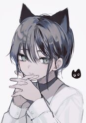  animal_ears cat_ears closed_mouth collared_jacket female fingernails green_eyes grey_hair grey_shirt highres interlocked_fingers jacket long_sleeves looking_at_viewer migihidari_(puwako) mole mole_under_mouth original own_hands_together shirt short_hair simple_background solo upper_body white_background white_jacket wing_collar 