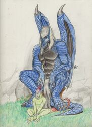  2013 4_toes absurd_res ambiguous_gender anthro azure_ebonwing black_body black_scales black_wings blue_body blue_scales bottomwear cave claws clothed clothing colored_pencil_(artwork) crouching dragon duo european_mythology feet grass green_body grey_claws hair hi_res hybrid kigai larger_male loincloth male membrane_(anatomy) membranous_wings mythological_creature mythological_scalie mythology no_pupils nonbinary_(lore) nude on_ground plant scales scalie shimmering_spectrum sitting sitting_on_ground size_difference smaller_ambiguous sovrim_terraquian standing_on_tail tail toes topless topless_male traditional_media_(artwork) western_dragon white_bottomwear white_clothing white_eyes white_hair white_loincloth wide_eyed wings 