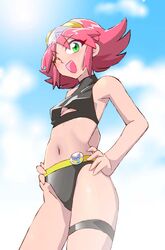  female green_eyes looking_at_viewer mask mask_on_head navel onnaski open_mouth penne_(zoids_wild) photoshop_(medium) pink_hair short_hair smile solo swimsuit zoids zoids_wild 