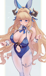  alternate_costume animal_ears bare_shoulders blonde_hair blue_eyes blue_leotard breasts cleavage commentary draph female granblue_fantasy highres large_breasts leotard long_hair navel pantyhose playboy_bunny rabbit_ears razia solo u_jie very_long_hair white_pantyhose wrist_cuffs 