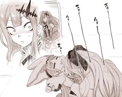  3girls baobhan_sith_(fate) baobhan_sith_(first_ascension)_(fate) drooling fate/grand_order fate_(series) habetrot_(fate) hat long_hair monochrome morgan_le_fay_(fate) mouth_drool multiple_girls pointy_ears ponytail sleeping smelling surprised sweat sweatdrop toritora wide-eyed zzz 