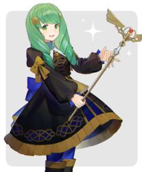  blue_pantyhose boots caduceus_staff_(fire_emblem) commentary_request female fire_emblem fire_emblem:_three_houses flayn_(fire_emblem) garreg_mach_monastery_uniform green_eyes green_hair grey_background hair_ornament highres holding holding_staff knee_boots kyufe long_hair long_sleeves open_mouth pantyhose simple_background solo staff uniform 