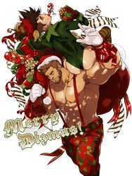  2boys abs arm_up armpit_hair bara beard biceps body_hair bodysuit box brown_eyes bulge camouflage camouflage_pants candy candy_cane cayden_(dizdoodz) chest_hair christmas dizdoodz earrings english_text facial_hair feet_out_of_frame food gift gift_bag gift_box gloves green_bodysuit hat highres jewelry large_pectorals light_brown_hair looking_to_the_side male_focus mature_male merry_christmas multiple_boys muscular muscular_male navel nipples on_shoulder original over_shoulder pants pectorals red_pants santa_costume santa_hat short_hair stomach suspenders thick_thighs thighs topless_male white_background white_gloves 