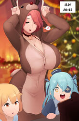  3girls animal_costume antlers bell blonde_hair breasts candle christmas christmas_tree collar cosplay dutch_girl_(last_origin) eyepatch fireplace fortune_(last_origin) hair_ribbon hat highres horns huge_breasts impossible_clothes korean_commentary last_origin lrl_(last_origin) moebell multiple_girls neck_bell open_mouth orange_eyes parted_bangs red_hair reindeer_antlers reindeer_costume ribbon short_hair smile sparkle sparkling_eyes tight_clothes twintails yellow_eyes 