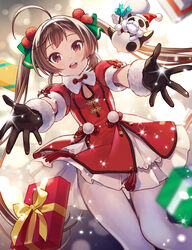  ahoge azur_lane black_gloves box breasts brown_eyes brown_hair christmas cleavage_cutout clothing_cutout dress fake_facial_hair fake_mustache female fur-trimmed_gloves fur-trimmed_headwear fur-trimmed_sleeves fur_trim gift gift_box gloves hair_bobbles hair_ornament hairband hat highres long_hair looking_at_viewer open_mouth outstretched_arm panda pantyhose ping_hai_(azur_lane) puffy_short_sleeves puffy_sleeves reaching reaching_towards_viewer red_dress red_headwear sack santa_dress santa_hat short_sleeves small_breasts smile solo thighband_pantyhose white_hairband white_pantyhose yuko_(uc_yuk) 